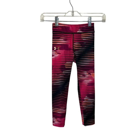 Under Armour Girls Athletic Legging Pants Size 5 Pink Black Striped Pull On Kids - Picture 1 of 5